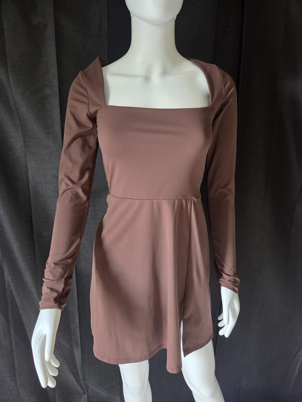 Quisen Chocolate Brown Square Neck Long Sleeve Mini Tennis Dress Size M